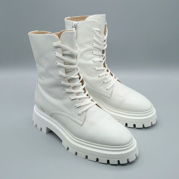Stuart Weitzman Bedford Sleek Lace Up Zip Up Boots Leather White Women's Size 10 - Picture 1 of 12